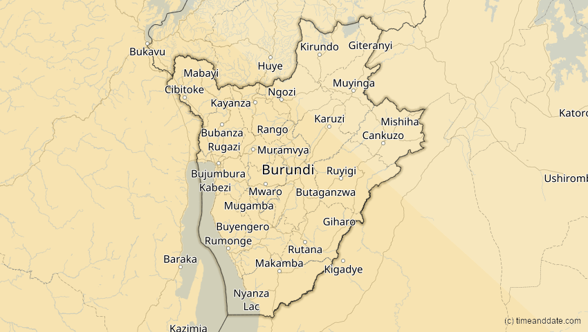 A map of Burundi, showing the path of the 2. Aug 2046 Totale Sonnenfinsternis