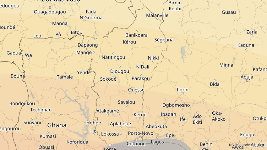 A map of Benin, showing the path of the 2. Aug 2046 Totale Sonnenfinsternis