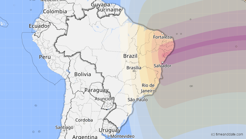 A map of Brasilien, showing the path of the 2. Aug 2046 Totale Sonnenfinsternis