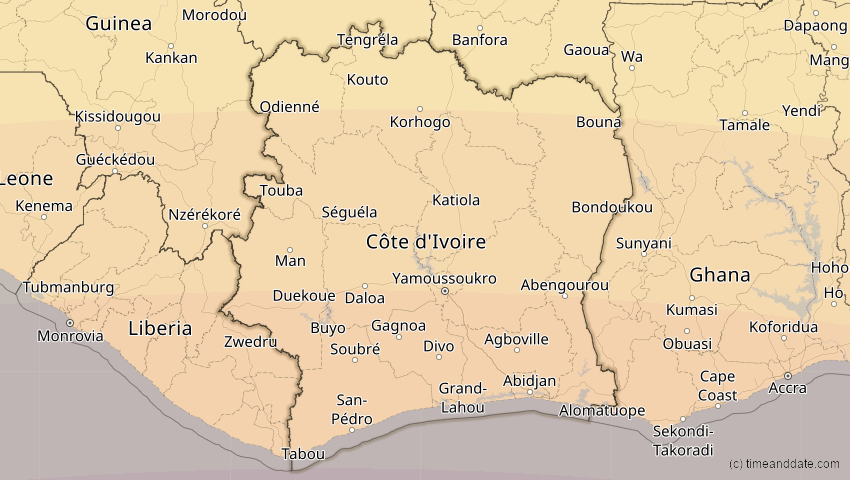 A map of Elfenbeinküste (Côte d'Ivoire), showing the path of the 2. Aug 2046 Totale Sonnenfinsternis