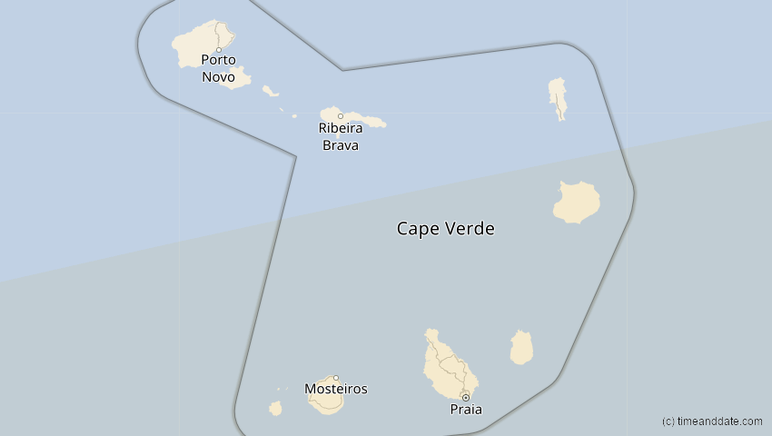 A map of Cabo Verde, showing the path of the 2. Aug 2046 Totale Sonnenfinsternis