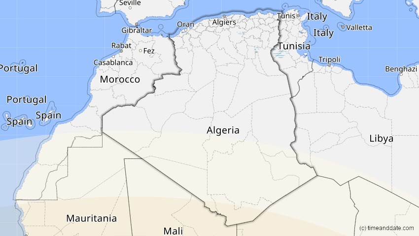 A map of Algerien, showing the path of the 2. Aug 2046 Totale Sonnenfinsternis