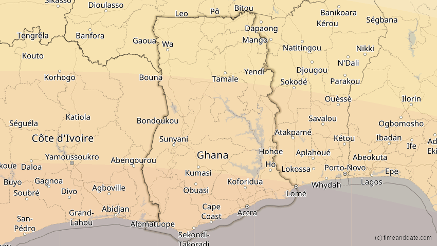 A map of Ghana, showing the path of the 2. Aug 2046 Totale Sonnenfinsternis