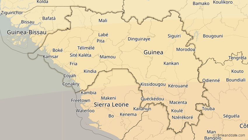 A map of Guinea, showing the path of the 2. Aug 2046 Totale Sonnenfinsternis