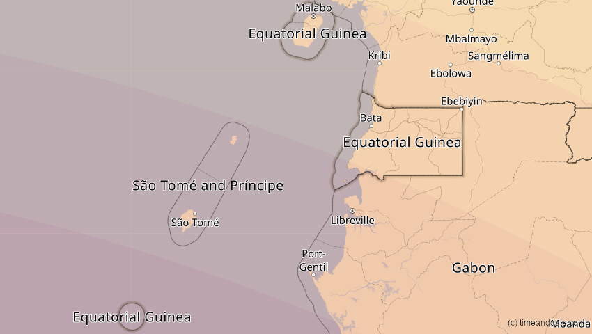 A map of Äquatorialguinea, showing the path of the 2. Aug 2046 Totale Sonnenfinsternis