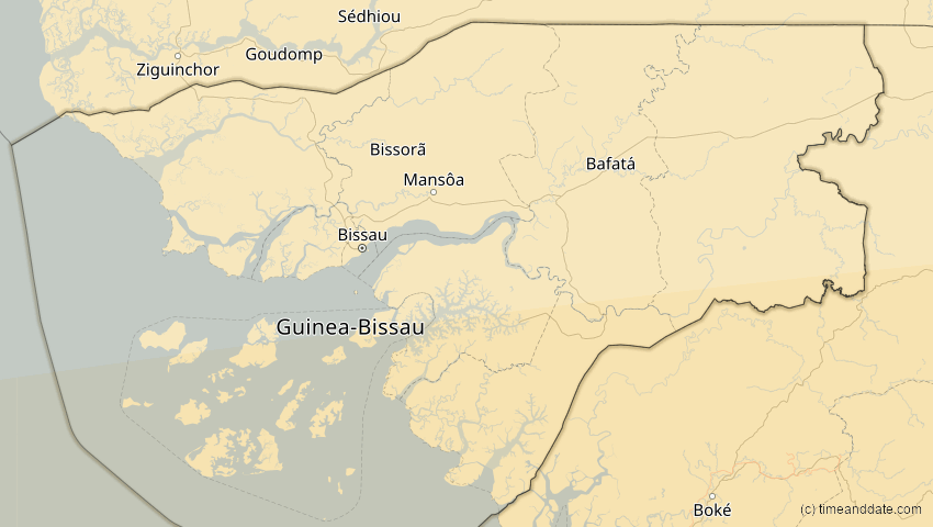 A map of Guinea-Bissau, showing the path of the 2. Aug 2046 Totale Sonnenfinsternis