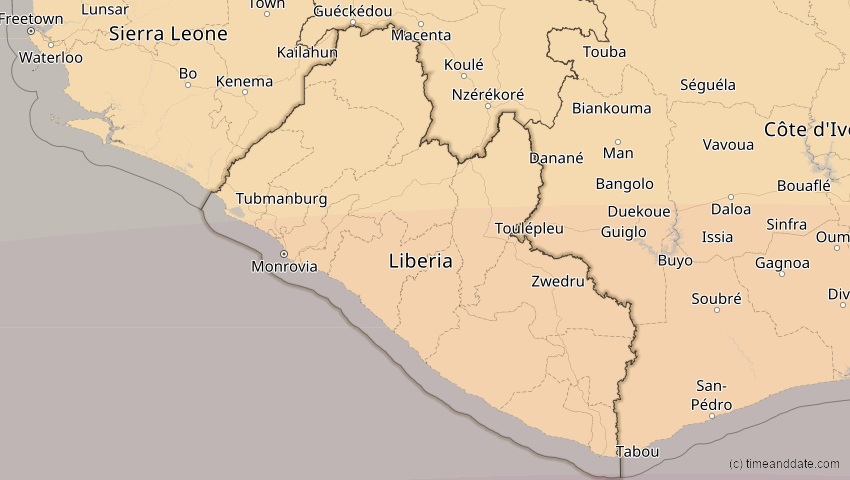A map of Liberia, showing the path of the 2. Aug 2046 Totale Sonnenfinsternis