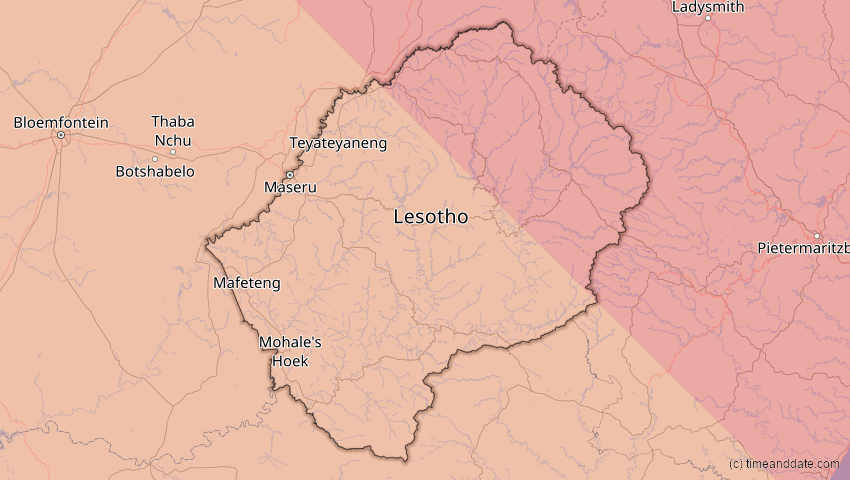 A map of Lesotho, showing the path of the 2. Aug 2046 Totale Sonnenfinsternis