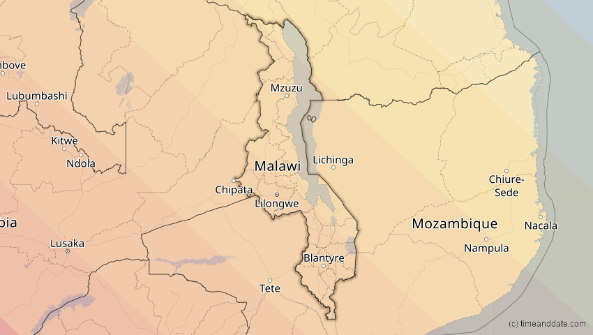 A map of Malawi, showing the path of the 2. Aug 2046 Totale Sonnenfinsternis