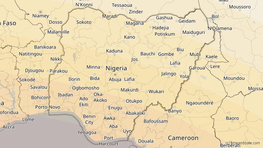 A map of Nigeria, showing the path of the 2. Aug 2046 Totale Sonnenfinsternis