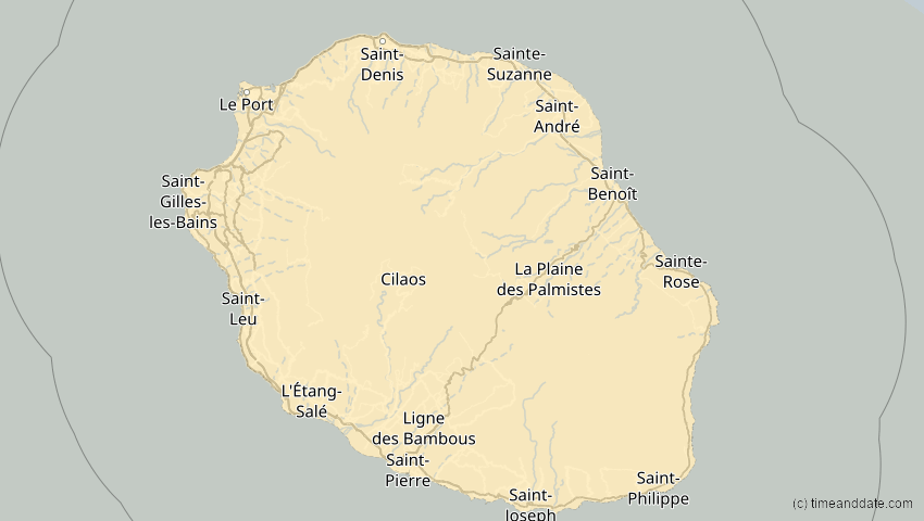 A map of Réunion, showing the path of the 2. Aug 2046 Totale Sonnenfinsternis