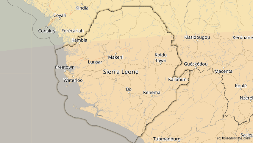 A map of Sierra Leone, showing the path of the 2. Aug 2046 Totale Sonnenfinsternis