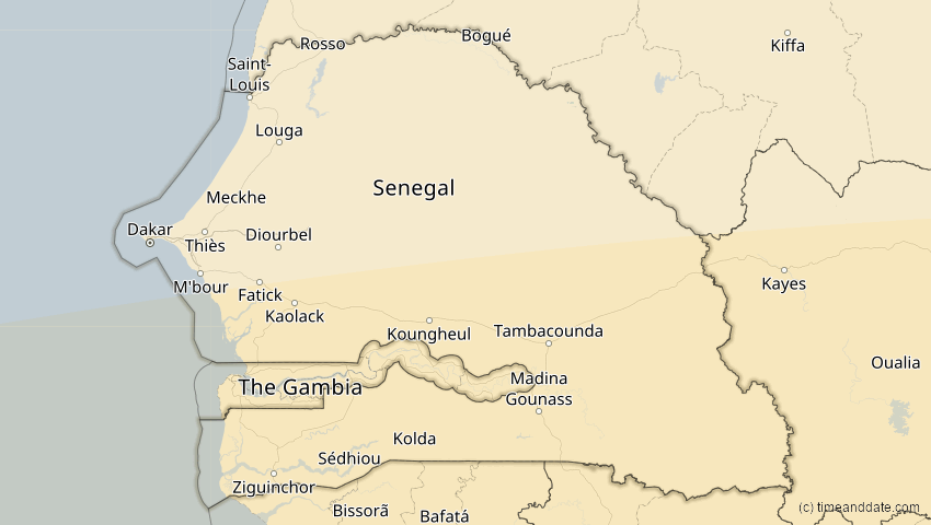 A map of Senegal, showing the path of the 2. Aug 2046 Totale Sonnenfinsternis