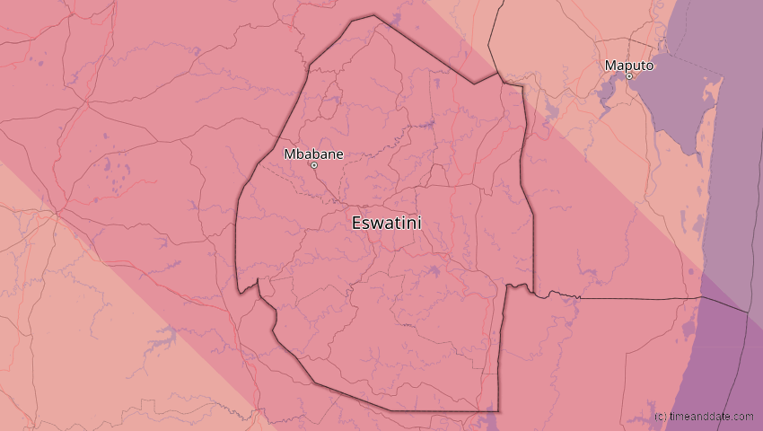 A map of Eswatini, showing the path of the 2. Aug 2046 Totale Sonnenfinsternis