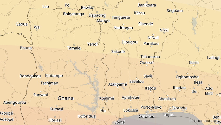 A map of Togo, showing the path of the 2. Aug 2046 Totale Sonnenfinsternis