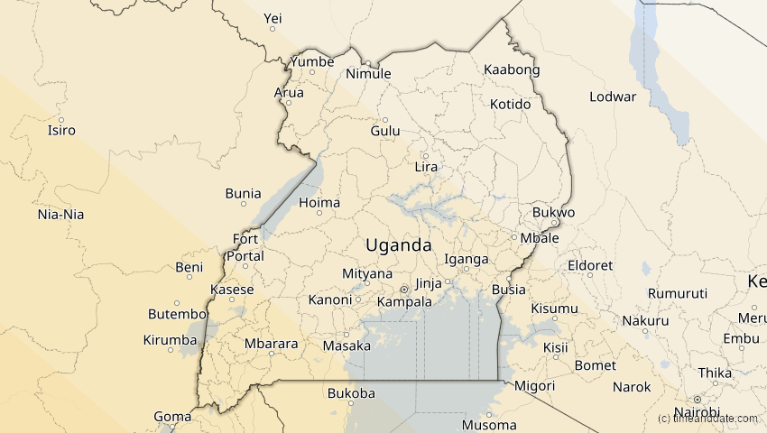 A map of Uganda, showing the path of the 2. Aug 2046 Totale Sonnenfinsternis