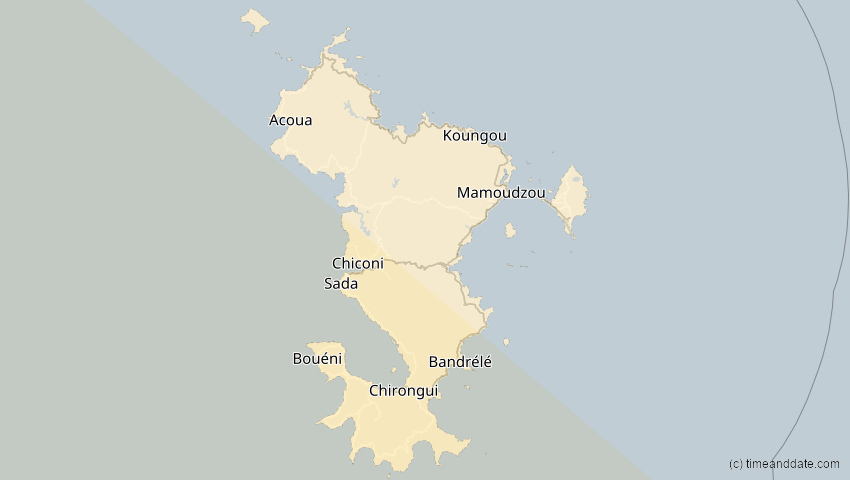 A map of Mayotte, showing the path of the 2. Aug 2046 Totale Sonnenfinsternis