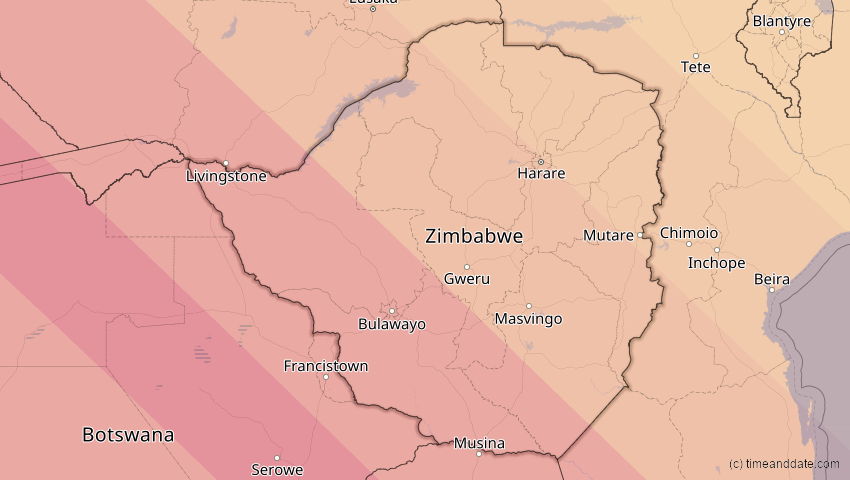 A map of Simbabwe, showing the path of the 2. Aug 2046 Totale Sonnenfinsternis