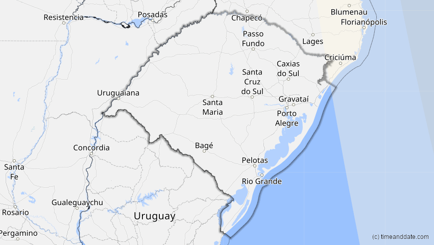 A map of Rio Grande do Sul, Brasilien, showing the path of the 2. Aug 2046 Totale Sonnenfinsternis