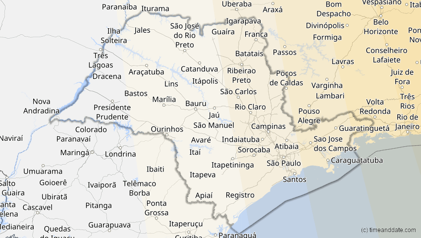 A map of São Paulo, Brasilien, showing the path of the 2. Aug 2046 Totale Sonnenfinsternis