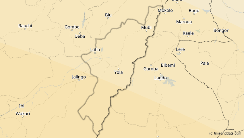 A map of Adamawa, Nigeria, showing the path of the 2. Aug 2046 Totale Sonnenfinsternis