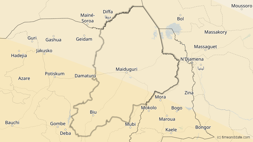 A map of Borno, Nigeria, showing the path of the 2. Aug 2046 Totale Sonnenfinsternis