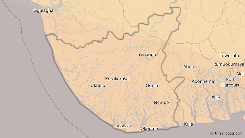 A map of Bayelsa, Nigeria, showing the path of the 2. Aug 2046 Totale Sonnenfinsternis