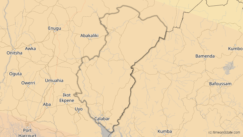 A map of Cross River, Nigeria, showing the path of the 2. Aug 2046 Totale Sonnenfinsternis