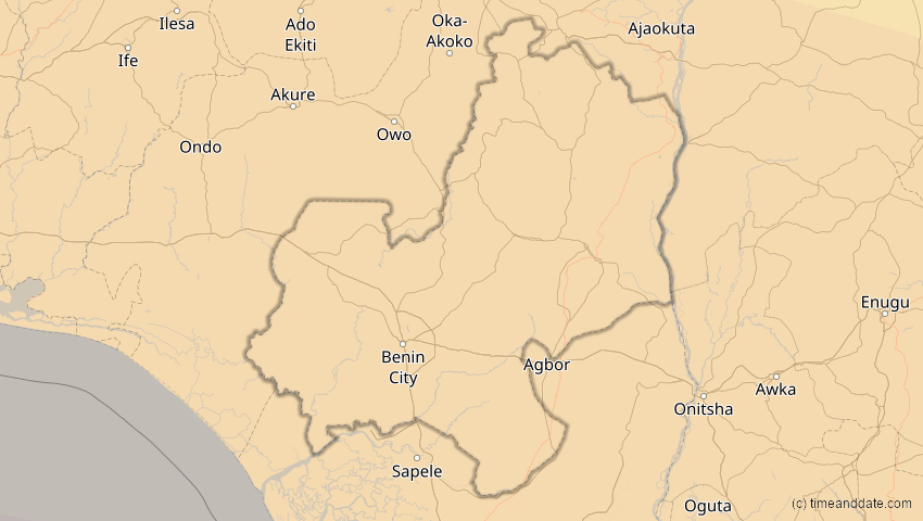 A map of Edo, Nigeria, showing the path of the 2. Aug 2046 Totale Sonnenfinsternis