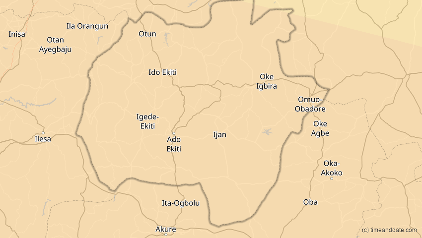 A map of Ekiti, Nigeria, showing the path of the 2. Aug 2046 Totale Sonnenfinsternis