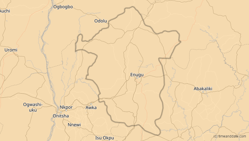 A map of Enugu, Nigeria, showing the path of the 2. Aug 2046 Totale Sonnenfinsternis