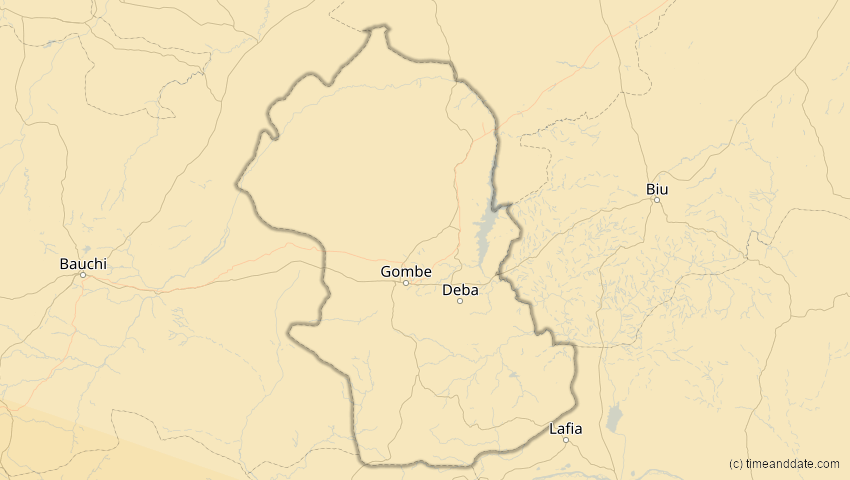 A map of Gombe, Nigeria, showing the path of the 2. Aug 2046 Totale Sonnenfinsternis
