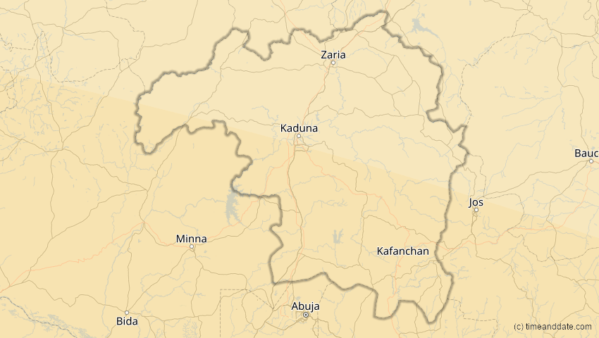A map of Kaduna, Nigeria, showing the path of the 2. Aug 2046 Totale Sonnenfinsternis