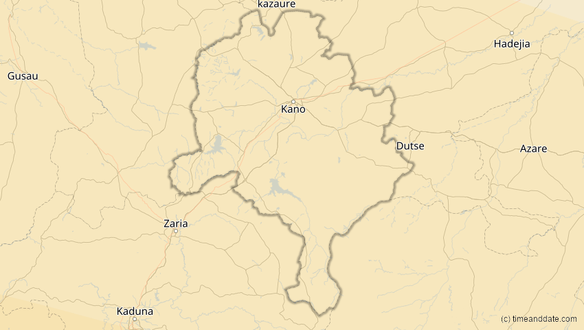 A map of Kano , Nigeria, showing the path of the 2. Aug 2046 Totale Sonnenfinsternis
