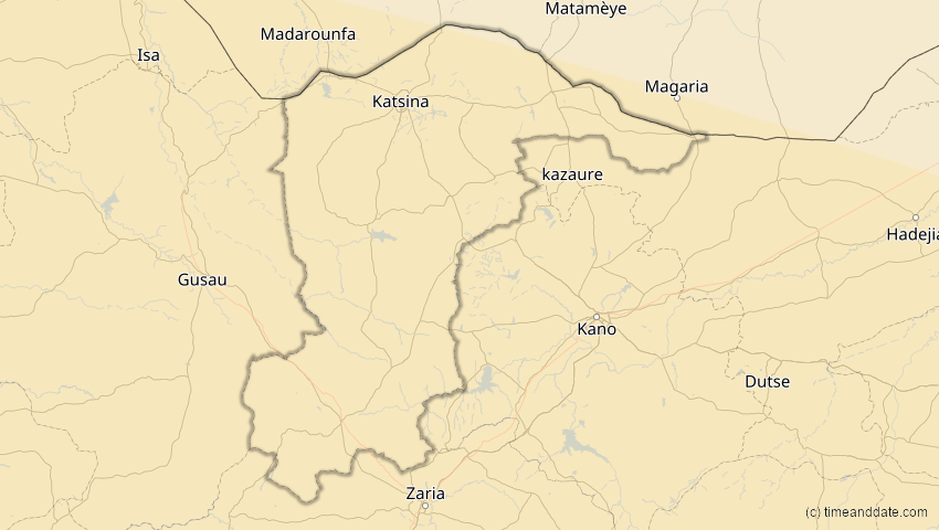 A map of Katsina , Nigeria, showing the path of the 2. Aug 2046 Totale Sonnenfinsternis