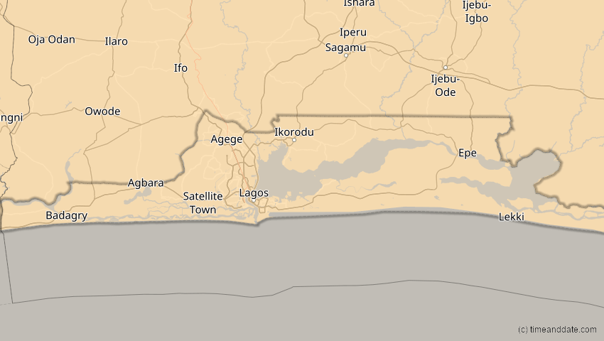 A map of Lagos, Nigeria, showing the path of the 2. Aug 2046 Totale Sonnenfinsternis