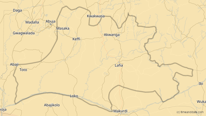 A map of Nassarawa, Nigeria, showing the path of the 2. Aug 2046 Totale Sonnenfinsternis