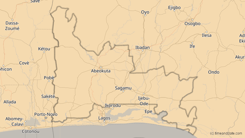 A map of Ogun, Nigeria, showing the path of the 2. Aug 2046 Totale Sonnenfinsternis