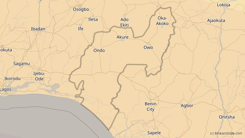 A map of Ondo, Nigeria, showing the path of the 2. Aug 2046 Totale Sonnenfinsternis