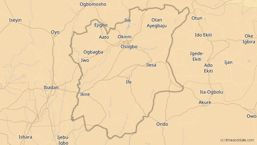 A map of Osun, Nigeria, showing the path of the 2. Aug 2046 Totale Sonnenfinsternis