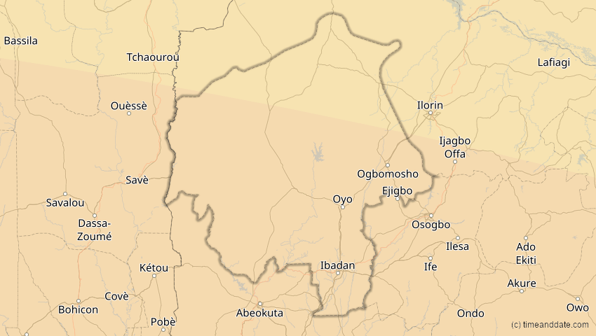 A map of Oyo, Nigeria, showing the path of the 2. Aug 2046 Totale Sonnenfinsternis
