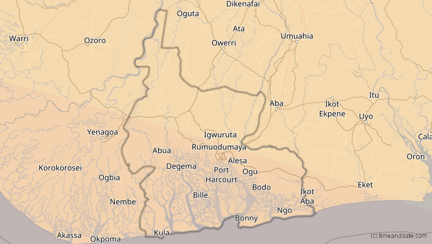 A map of Rivers, Nigeria, showing the path of the 2. Aug 2046 Totale Sonnenfinsternis