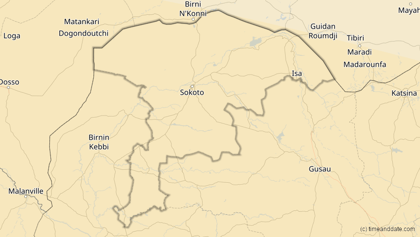 A map of Sokoto, Nigeria, showing the path of the 2. Aug 2046 Totale Sonnenfinsternis