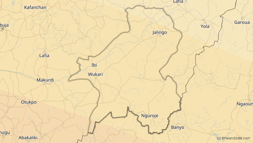 A map of Taraba, Nigeria, showing the path of the 2. Aug 2046 Totale Sonnenfinsternis