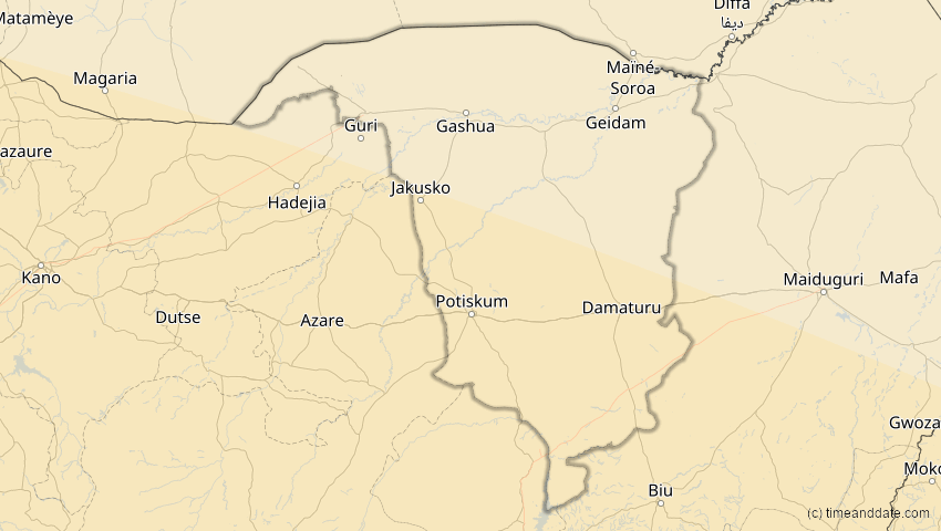 A map of Yobe, Nigeria, showing the path of the 2. Aug 2046 Totale Sonnenfinsternis
