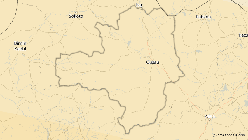 A map of Zamfara, Nigeria, showing the path of the 2. Aug 2046 Totale Sonnenfinsternis