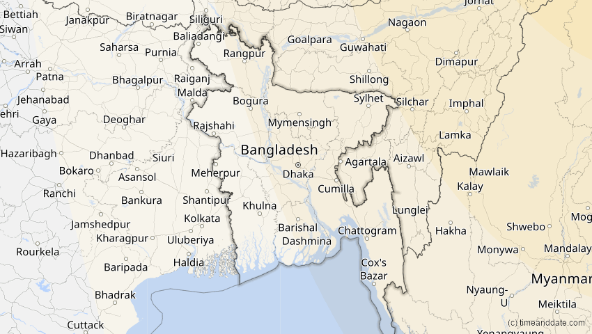 A map of Bangladesch, showing the path of the 26. Jan 2047 Partielle Sonnenfinsternis