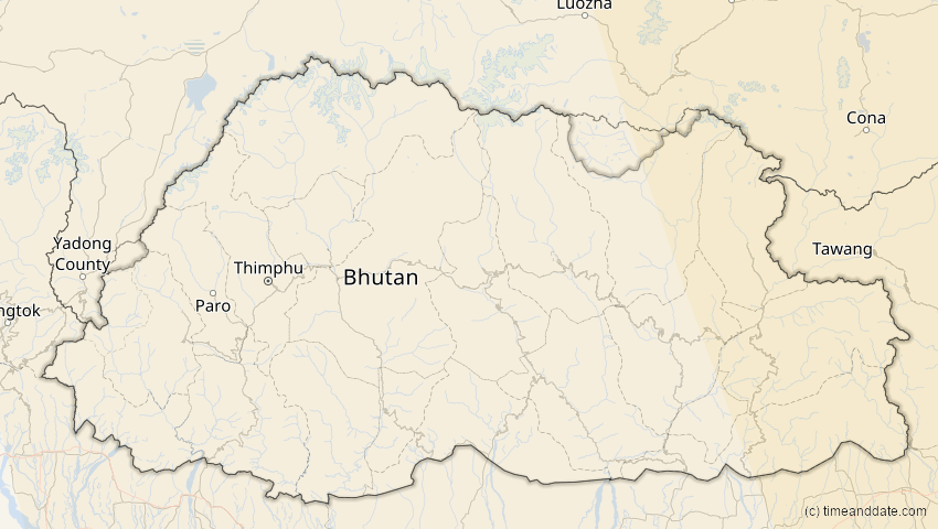 A map of Bhutan, showing the path of the 26. Jan 2047 Partielle Sonnenfinsternis
