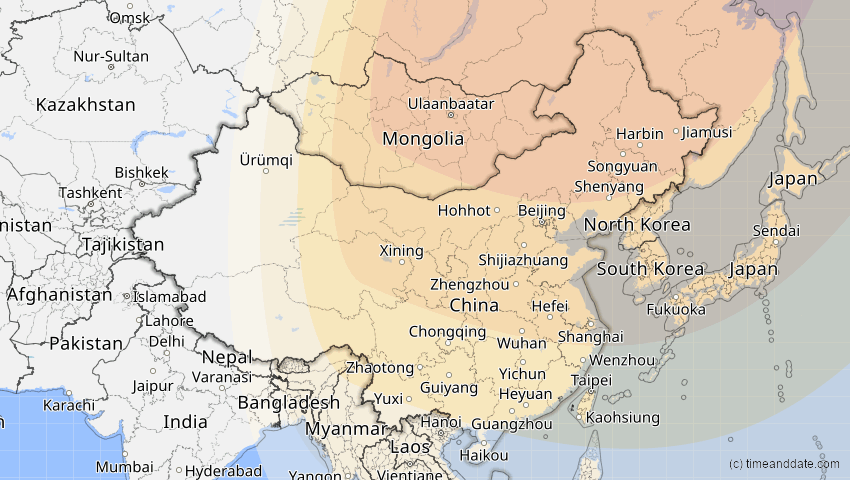 A map of China, showing the path of the 26. Jan 2047 Partielle Sonnenfinsternis