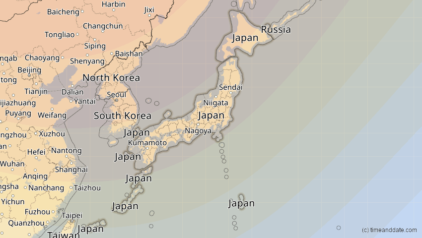A map of Japan, showing the path of the 26. Jan 2047 Partielle Sonnenfinsternis